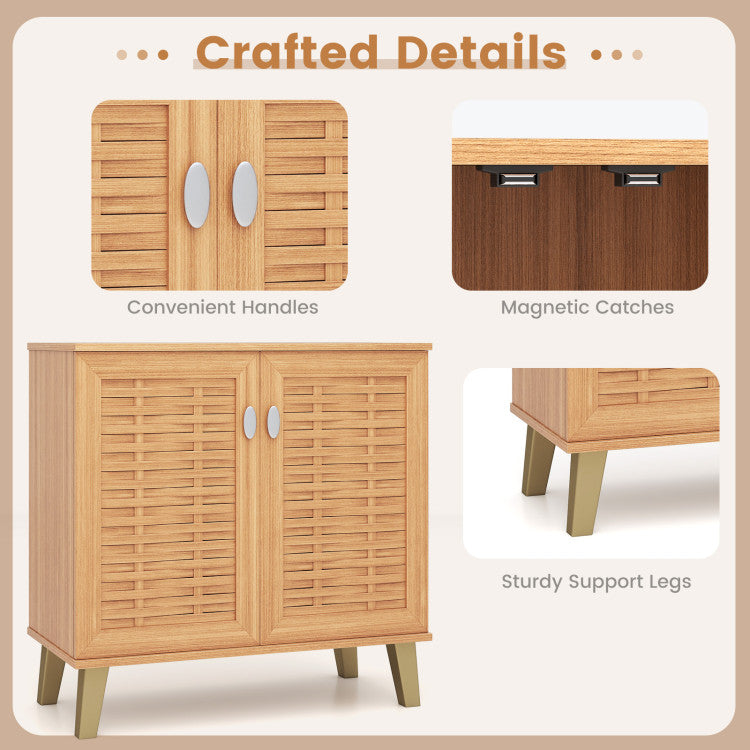 2-Door 4-Tier Shoe Cabinet Storage Organizer with Ventilated Woven Doors