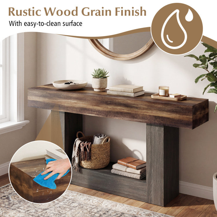 2-Tier Farmhouse Console Table 63" Long with Storage Shelf