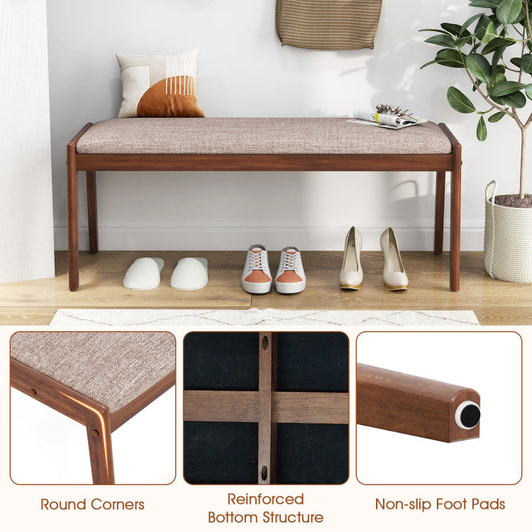 45 Inch Farmhouse Backless Bench with Rubber Wood Legs and Fabric Padded Seat