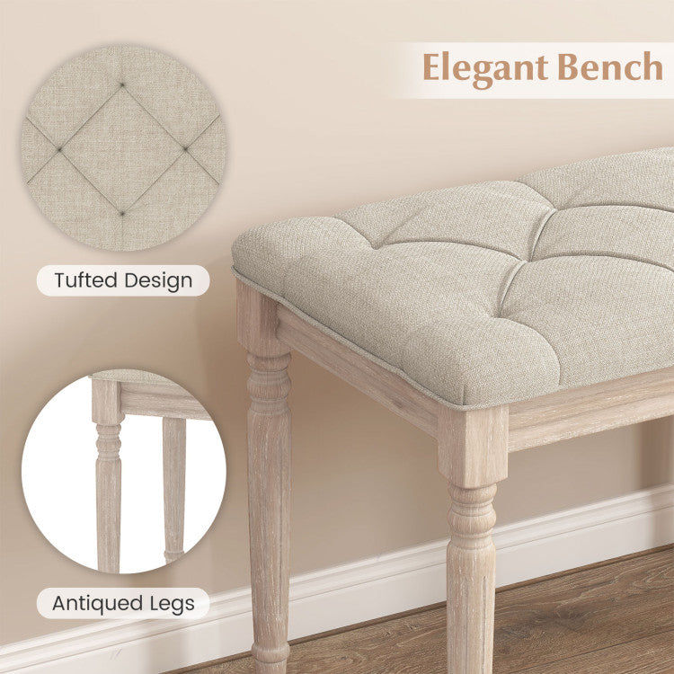 47.5 Inch Upholstered Bench with Carved Rubber Wood Legs and Padded Seat