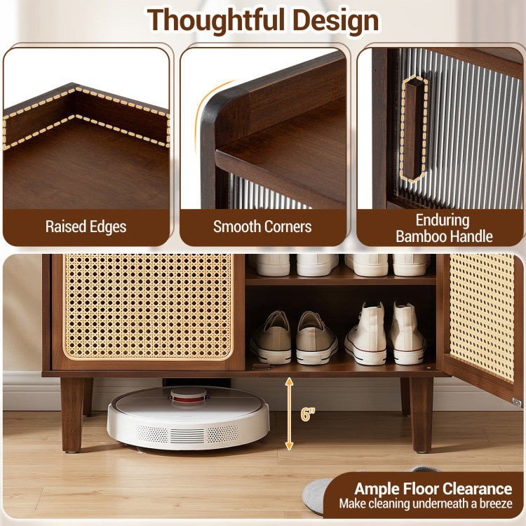 5-Tier Bamboo Shoe Cabinet with Woven Rattan Doors and Sliding Doors for Entryway