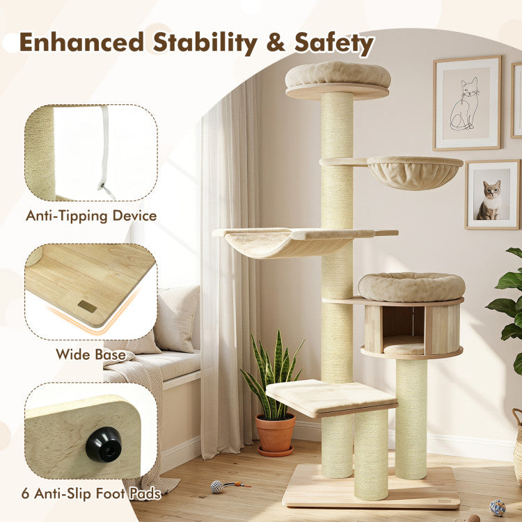 75.5" Tall Cat Tree with 7 Sisal Posts & Hanging Basket and Hammock for Indoor