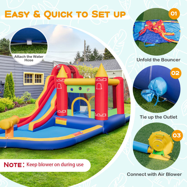 9-in-1 Inflatable Bounce Castle with Water Slide and Splash Pool with 735W Blower
