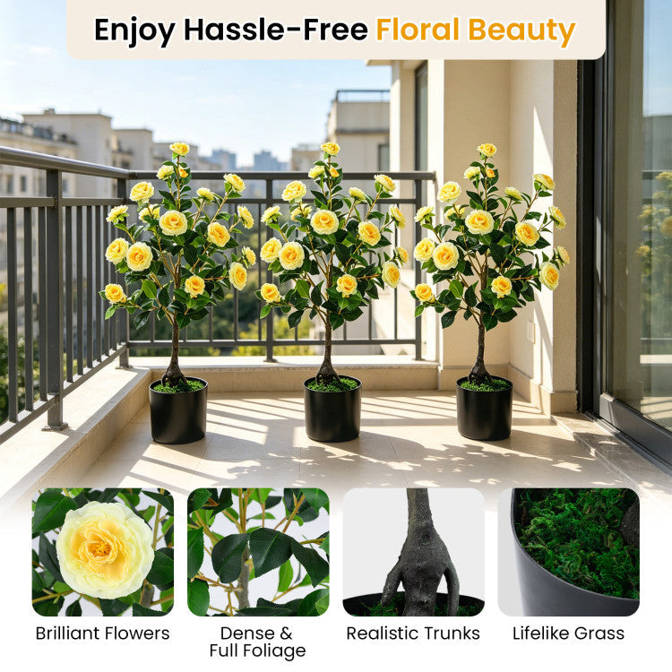 Artificial Camellia Tree Faux Flower Plant in Cement-Filled Pot