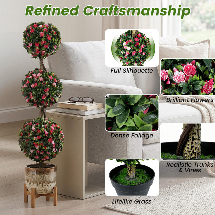 43.5" Artificial Triple Ball Rose Topiary Tree with Lifelike Blooms and Green Leaves