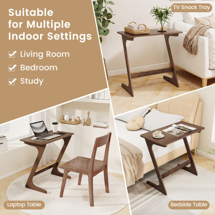 Bamboo Z-Shaped Spacious Sofa Side Table with Space-Saving Tabletop