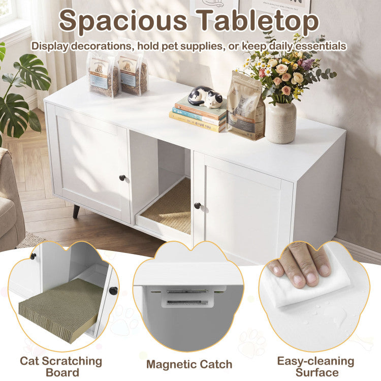 Double Cat Litter Box Enclosure for 2 Cats with Scratching Pad and Double Rooms