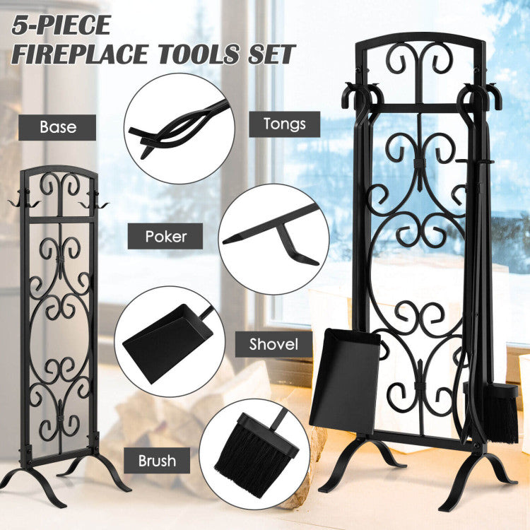 5 Piece Wrought Iron Fireplace Tools with Decor Holder