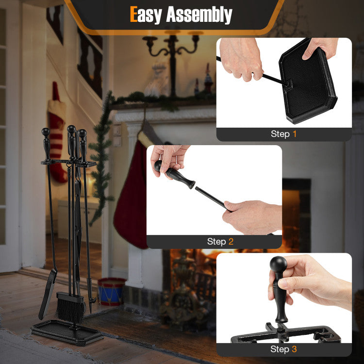 5-Piece Fireplace Tool Set with Tong Brush Shovel Poker Stand