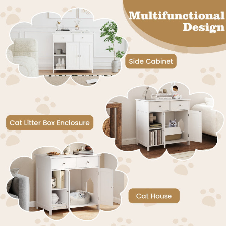 Hidden Cat Washroom Side Cabinet Wooden Pet House with 2 Drawers