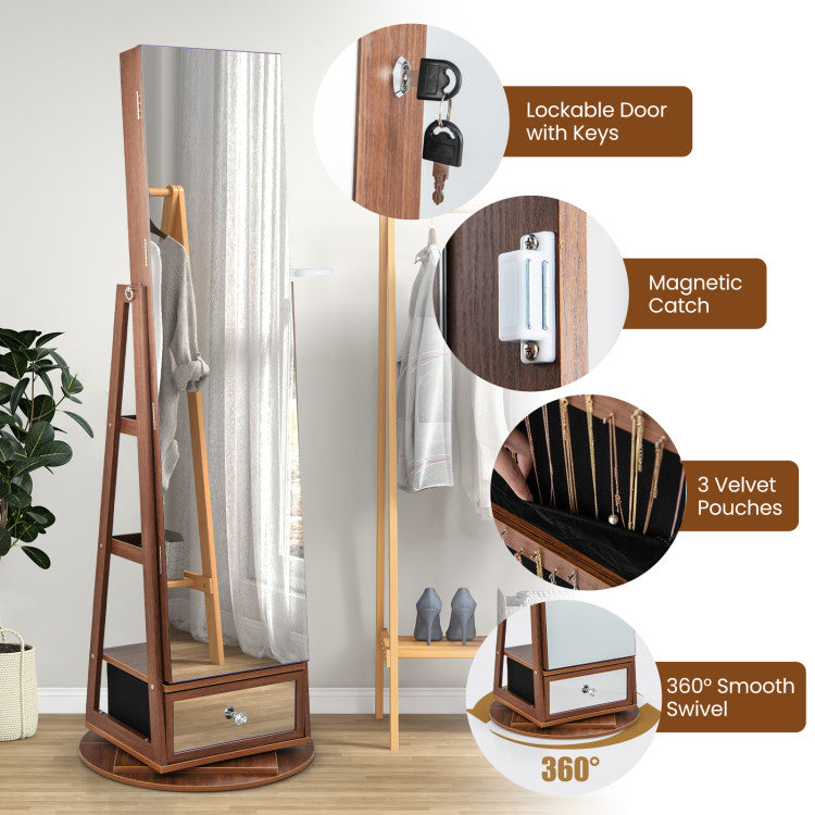 Lockable 360° Swivel Jewelry Cabinet with Full-Length Mirror LED Lights