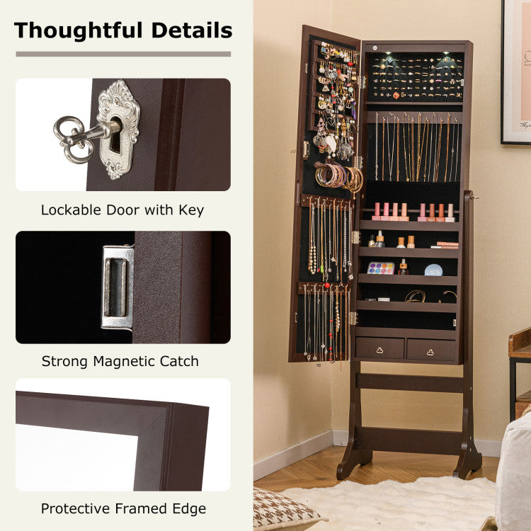 Lockable Mirrored Jewelry Cabinet with Stand and 2 LED Lights