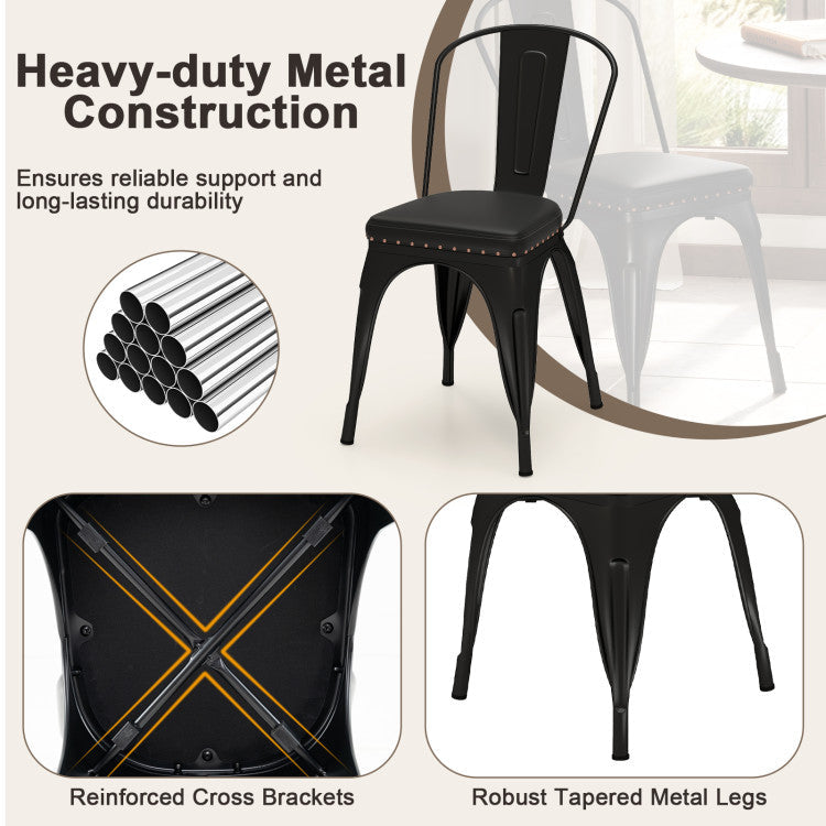 Metal Dining Chair Set of 4 Stackable Kitchen Chairs with Removable Backs and PU Leather Cushioned Seat