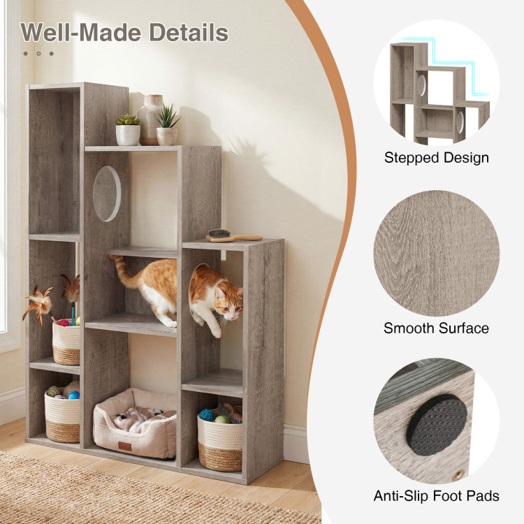 Modern Cat Bookshelf Cat Tree 8-Section Storage Cabinet with 2 Round Holes