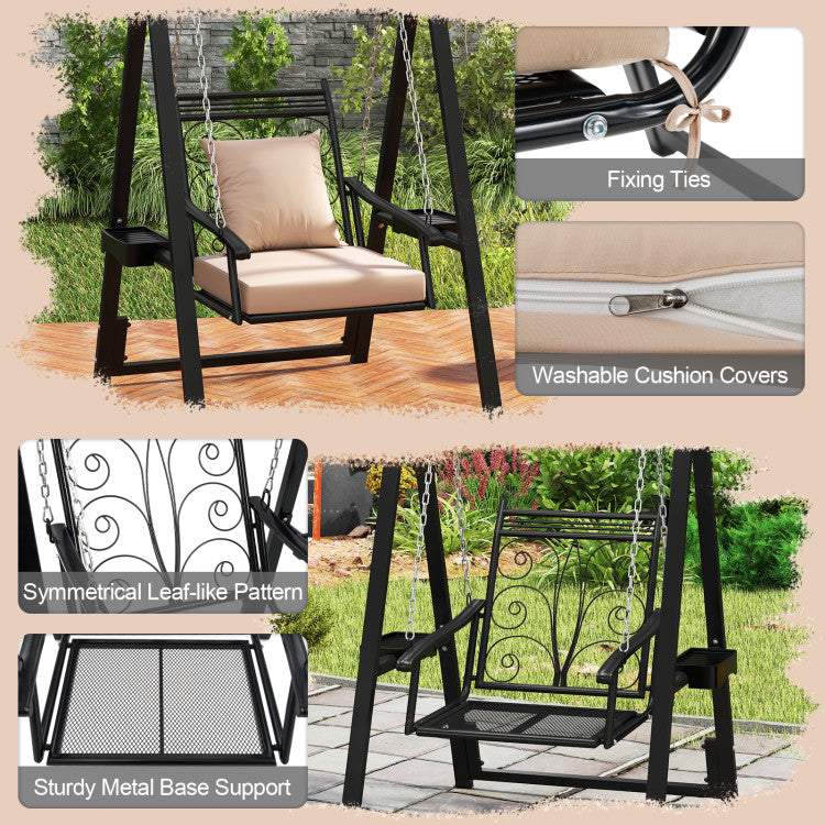 Outdoor Porch Swing with Removable Cushions and Side Tables for Garden Balcony