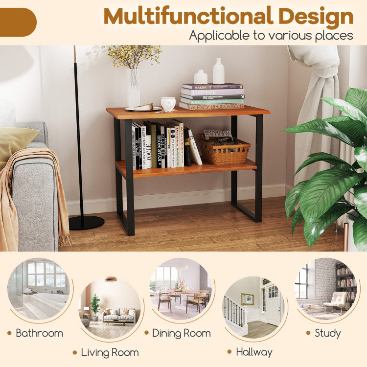 2-Tier Teak Wood End Table Sofa Side for Living Room Hallway Laundry