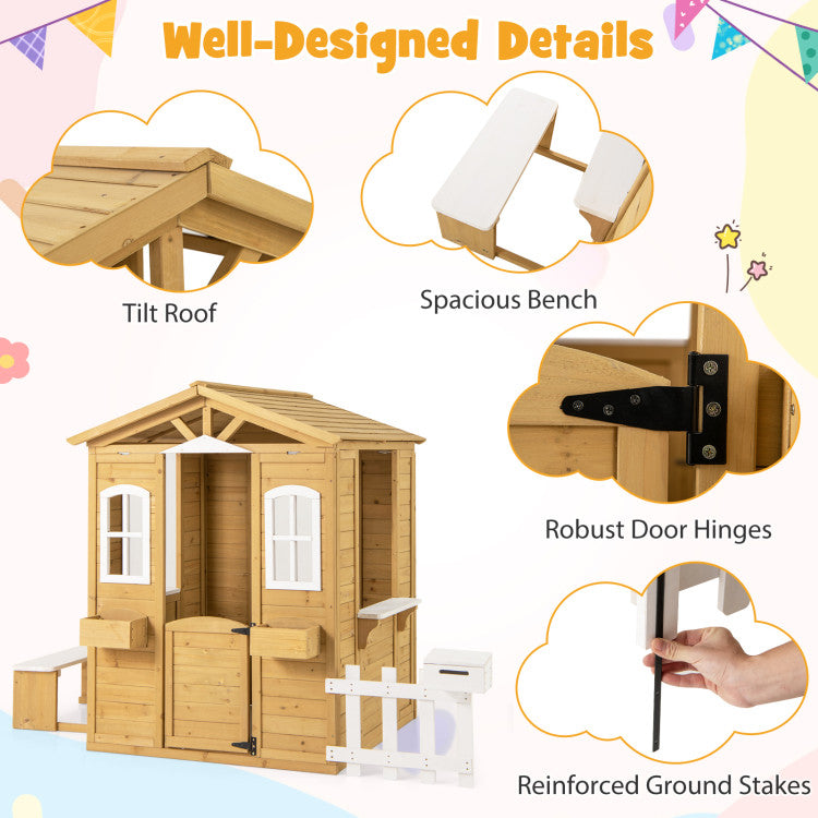 Wood Playhouse with Bench and Serving Stations for 2+ Years Old Kids