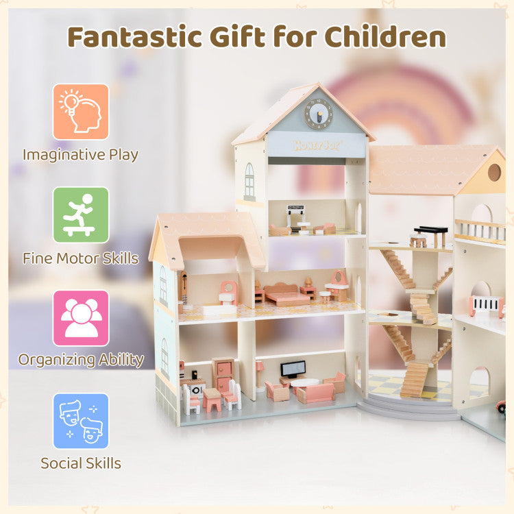 Wooden Corner Dollhouse Playset with 41 Pieces Accessories for Kids 3+ Years Old