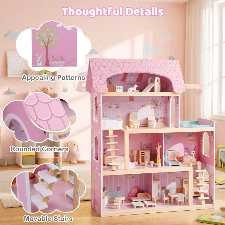 Wooden Dollhouse Kids DIY Pretend Playhouse with 33 PCS Furniture Accessories