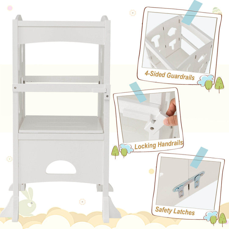 Folding Wooden Step Stool with Lockable Safety Rail for Toddler 3+