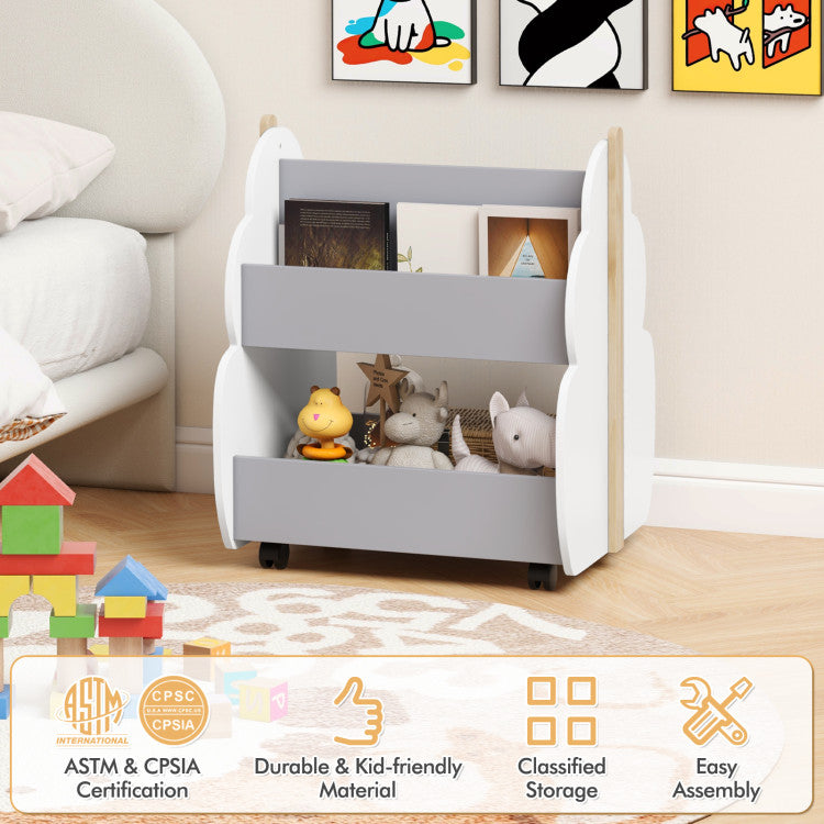 Kids Wooden Bookshelf with Universal Wheels