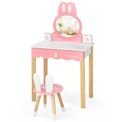 Kids Rabbit Vanity Table Chair Set with Mirror and Drawer