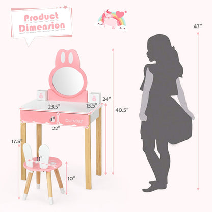 Kids Rabbit Vanity Table Chair Set with Mirror and Drawer