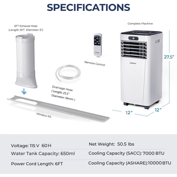 10000 BTU 4-in-1 Portable Air Conditioner with Dehumidifier and Fan Mode