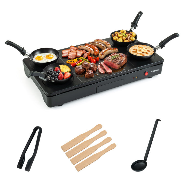 1000W Electric Grill Griddle with 4 Nonstick Woks and Wooden Spatulas for Pancakes