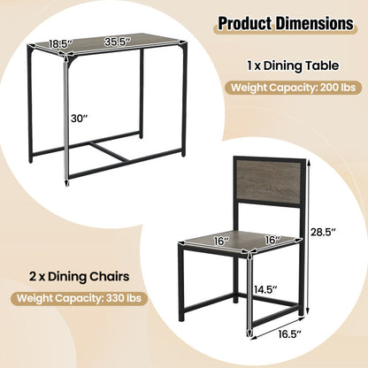 3 Pieces Dining Set Compact Table and 2 Chair with Metal Frame for Small Space