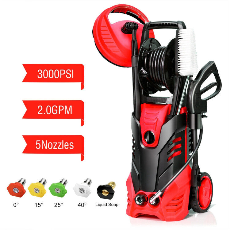 3000 PSI Electric High Pressure Washer with 5 Nozzles and Hose Reel