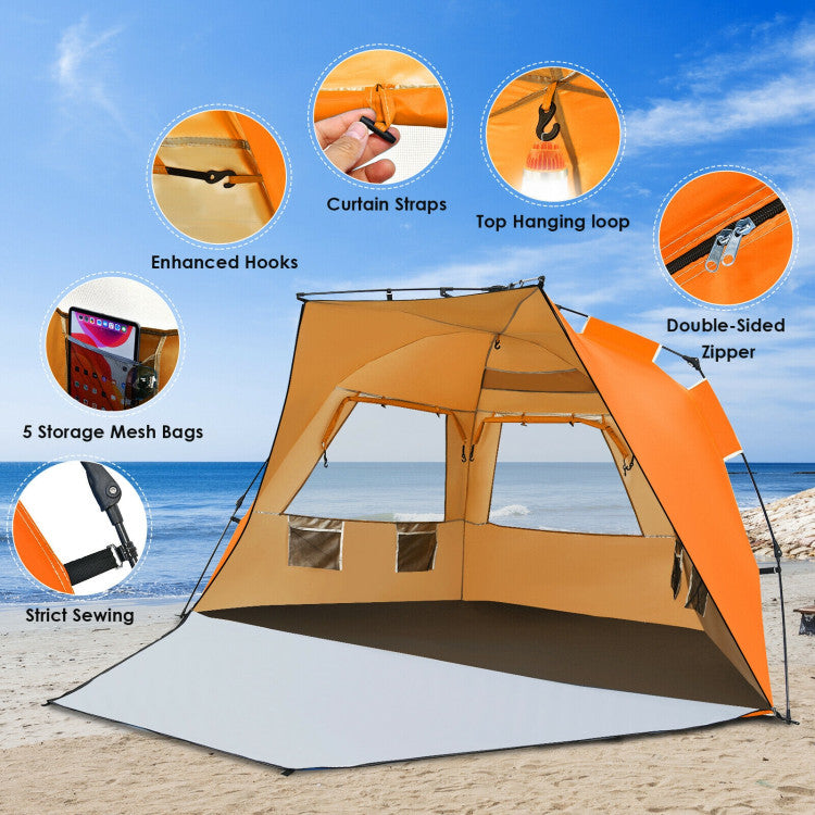 3-4 Person Easy Pop-Up Beach Tent UPF 50+ Portable Sun Shelter