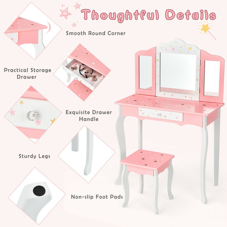 Kids Princess Vanity Table and Stool Set with Tri-folding Mirror and Drawer