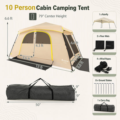 10 Person Instant Cabin Camping Tent with Rainfly 13 ft x 9 ft Portable Large Family Tent