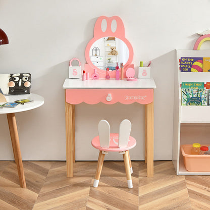 Kids Rabbit Vanity Table Chair Set with Mirror and Drawer