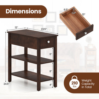 3-Tier Narrow End Table with Drawer and Storage Shelves