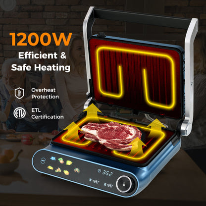 1200W Panini Press Grill with LED Display and 7 Grilling Modes