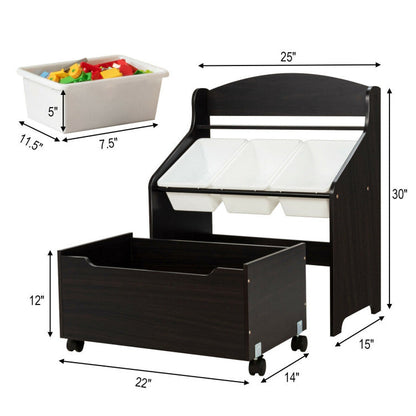 Kids Toy Storage Organizer with Rolling Toy Box and Plastic Bins, Wooden Cabinet