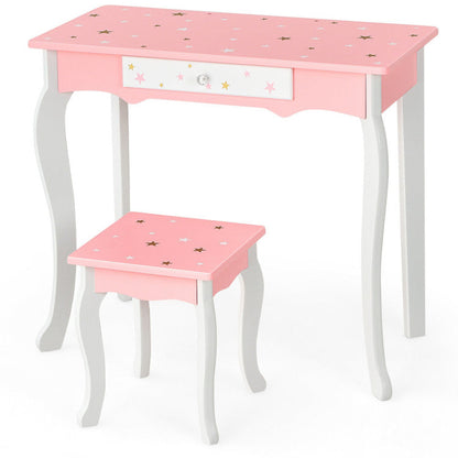 Kids Princess Vanity Table and Stool Set with Tri-folding Mirror and Drawer