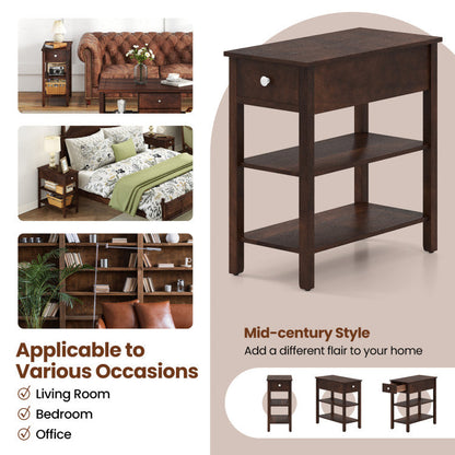3-Tier Narrow End Table with Drawer and Storage Shelves