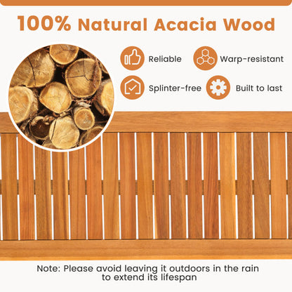 Acacia wood outdoor bench with slatted seat for garden
