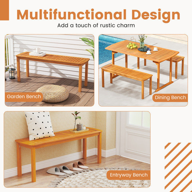 Set of 2 Acacia wood outdoor bench with slatted seat for garden