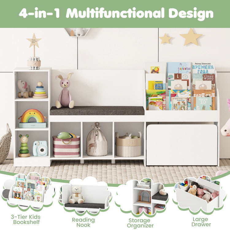 Kids Bookcase with Reading Nook 4-in-1 Standing Toy Organizer