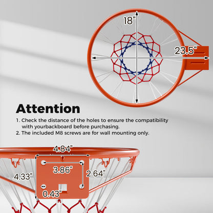18" Basketball Rim Heavy Duty Wall Mounted Basketball Rim Goal Replacement