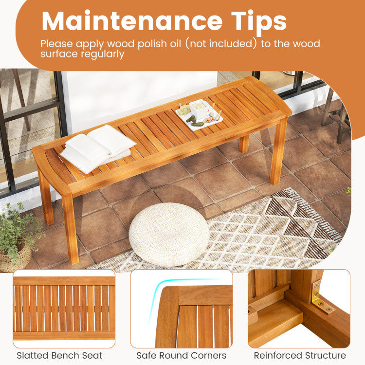 Acacia wood outdoor bench with slatted seat for garden