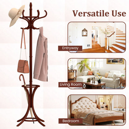 Wooden Standing Coat Rack Tree with 12 Hooks and Umbrella Stand