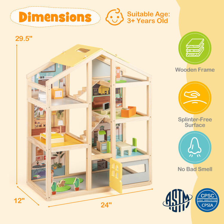 Wooden Dollhouse for Kids Modern Family Pretend Playhouse with Furniture Pieces and Figures