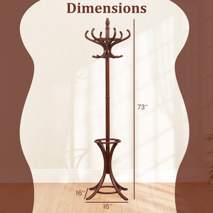 Wooden Standing Coat Rack Tree with 12 Hooks and Umbrella Stand