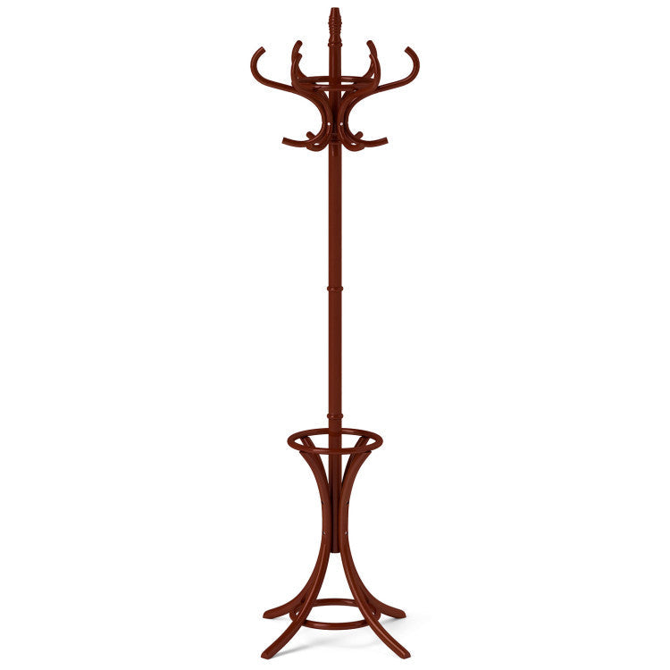 Wooden Standing Coat Rack Tree with 12 Hooks and Umbrella Stand