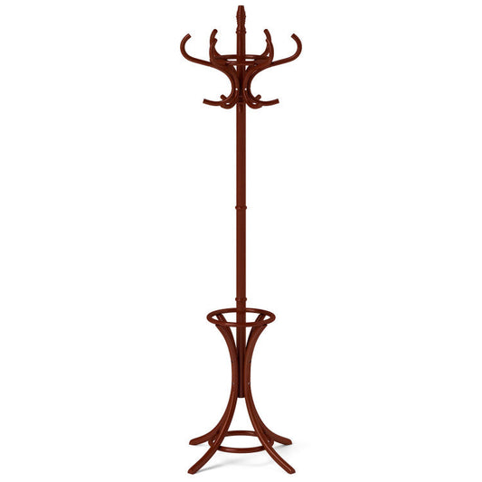 Wooden Standing Coat Rack Tree with 12 Hooks and Umbrella Stand